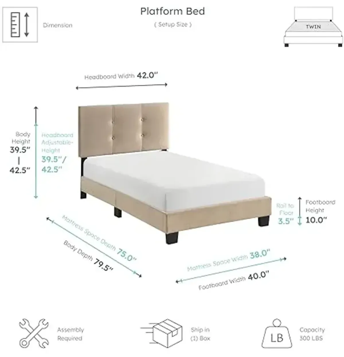 Lexicon Twin Bed Frame, Velvet Upholstered Bed with Button Tufted Headboard and Adjustable Headboard, Modern Twin Bed, No Box Spring Needed, Easy Assembly, Light Brown