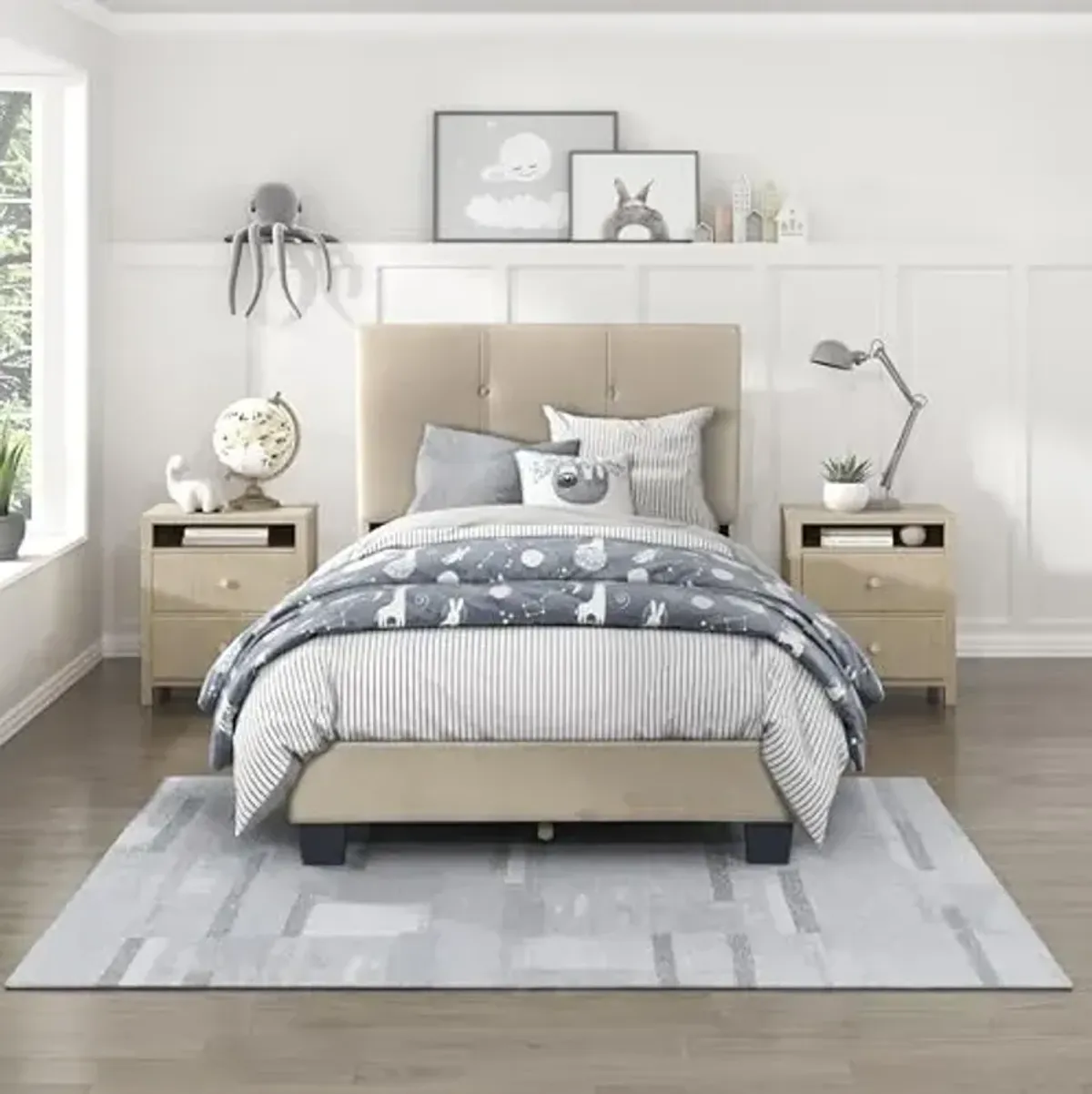 Lexicon Twin Bed Frame, Velvet Upholstered Bed with Button Tufted Headboard and Adjustable Headboard, Modern Twin Bed, No Box Spring Needed, Easy Assembly, Light Brown