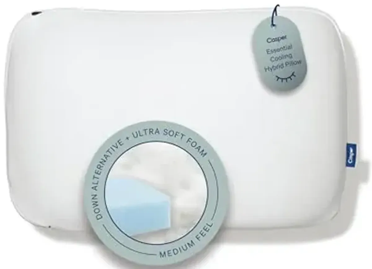 Casper Sleep Essential Cooling Hybrid Pillow, King Size – Dual-Sided Foam & Down-Alternative Fill, Medium Feel, Cooling Cover, Supports Side Sleepers, Breathable & Pressure-Relieving