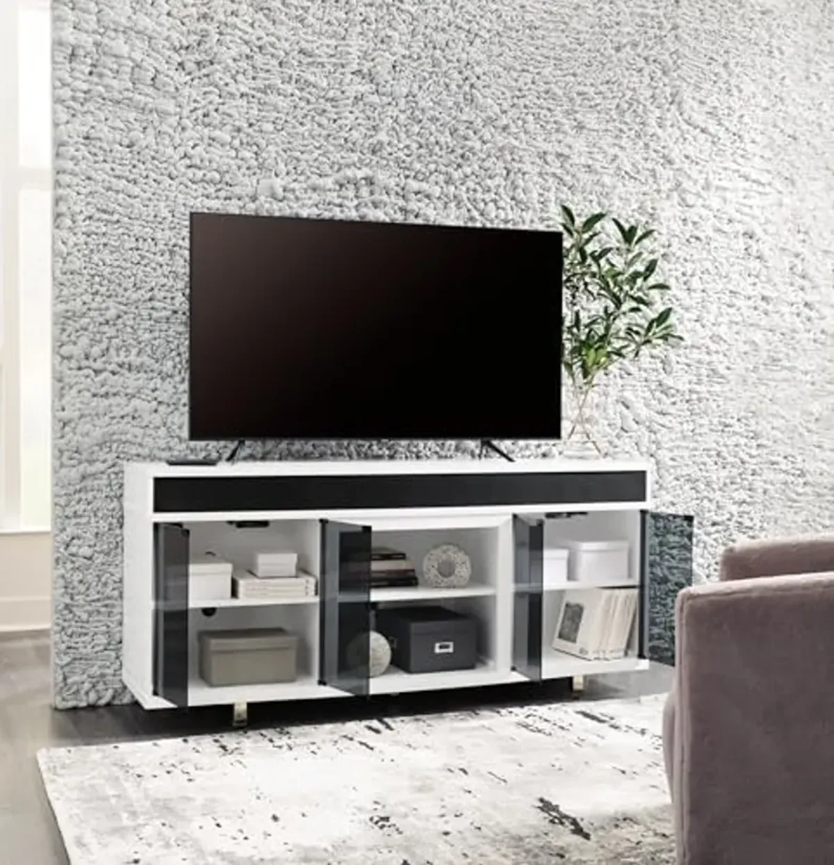 Signature Design by Ashley Gardoni Contemporary 72" TV Stand for TVs up to 82" with Adjustable Shelves, Cabinets, Cord Openings and Fireplace Option, White & Black