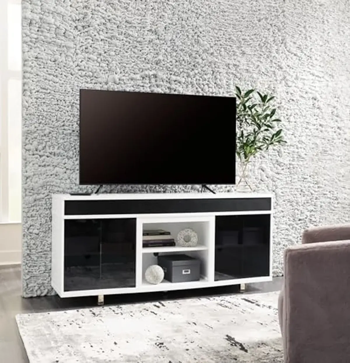 Signature Design by Ashley Gardoni Contemporary 72" TV Stand for TVs up to 82" with Adjustable Shelves, Cabinets, Cord Openings and Fireplace Option, White & Black