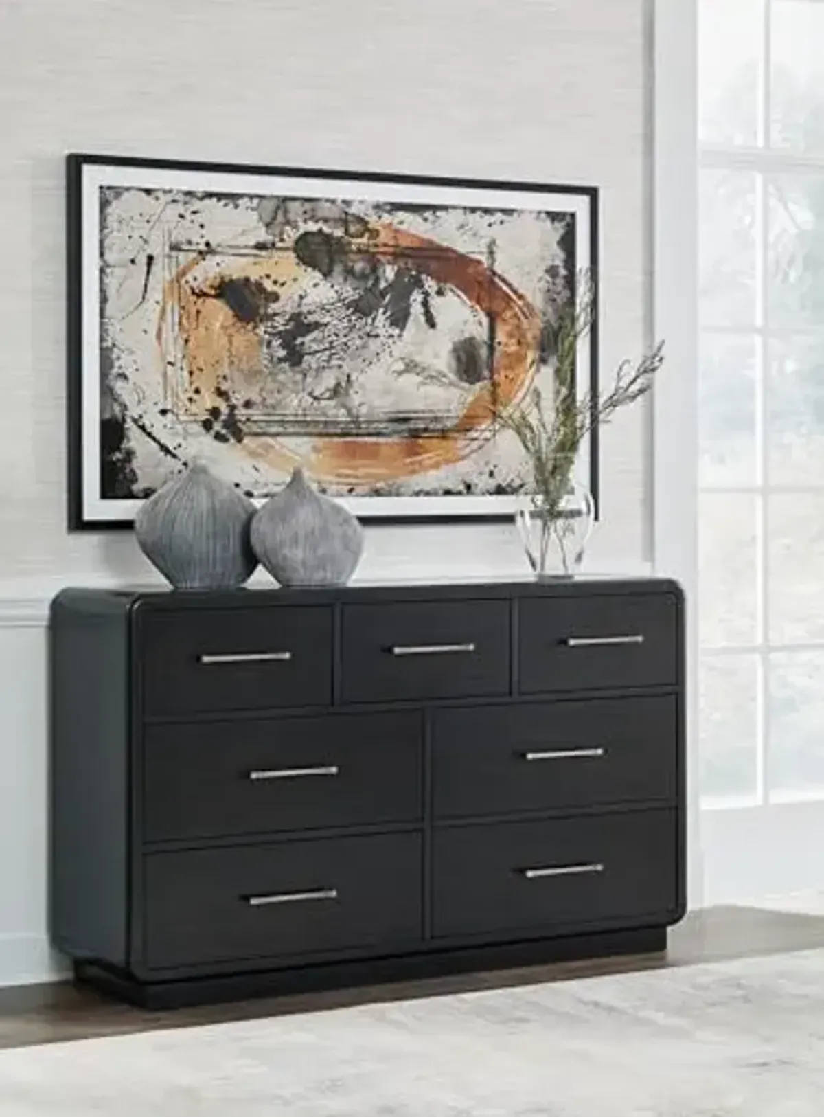 Signature Design by Ashley Rowanbeck Modern 7 Drawer Dresser with Felt-Lined Top Drawer and Safety Stop for Bedroom, Black