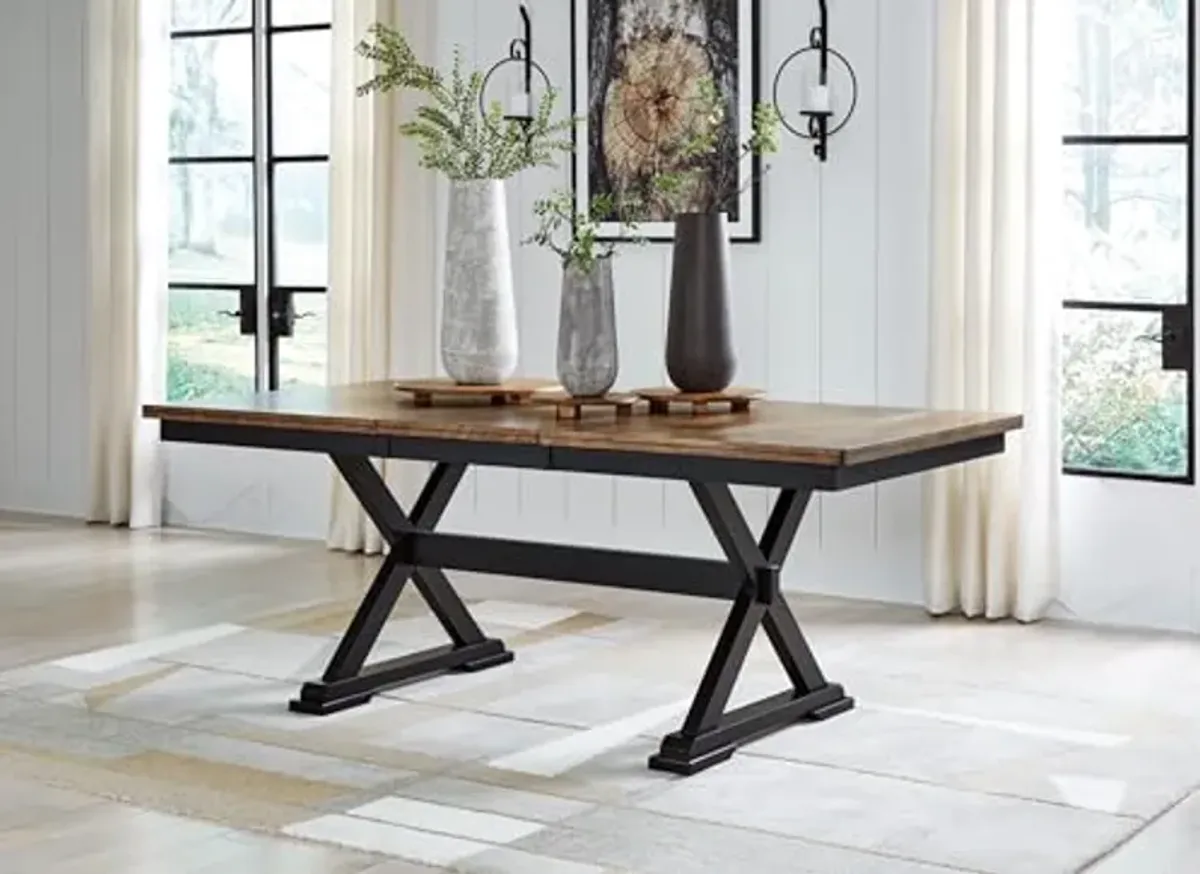 Signature Design by Ashley Wildenauer Farmhouse Dining Extension Table with Self-Storing Butterfly Leaf for 6-8 People, Black & Dark Brown