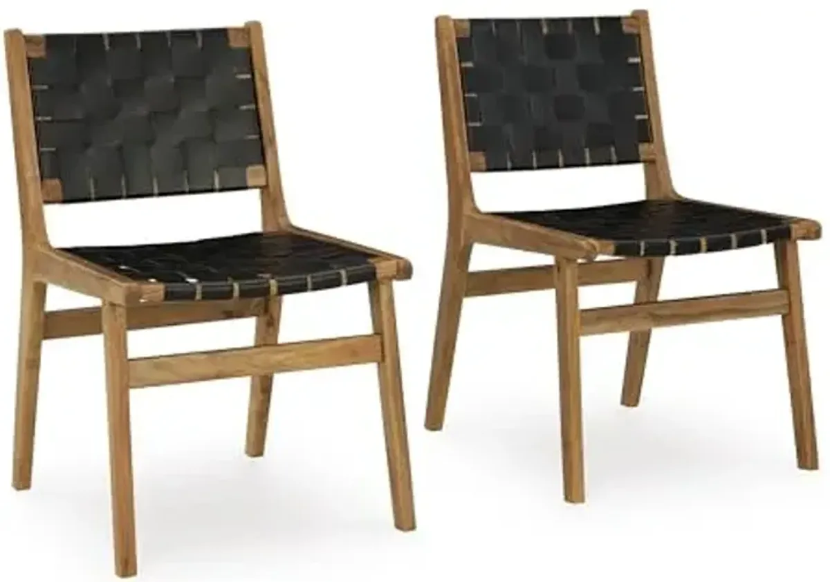 Signature Design by Ashley Fortmaine Modern Upholstered Armless Dining Chair with Open Back and Woven Leather Straps, Set of 2, Light Brown & Black