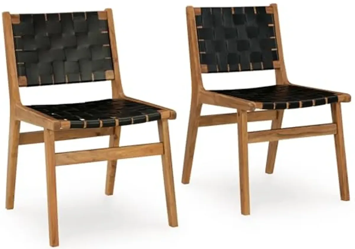 Signature Design by Ashley Fortmaine Modern Upholstered Armless Dining Chair with Open Back and Woven Leather Straps, Set of 2, Light Brown & Black