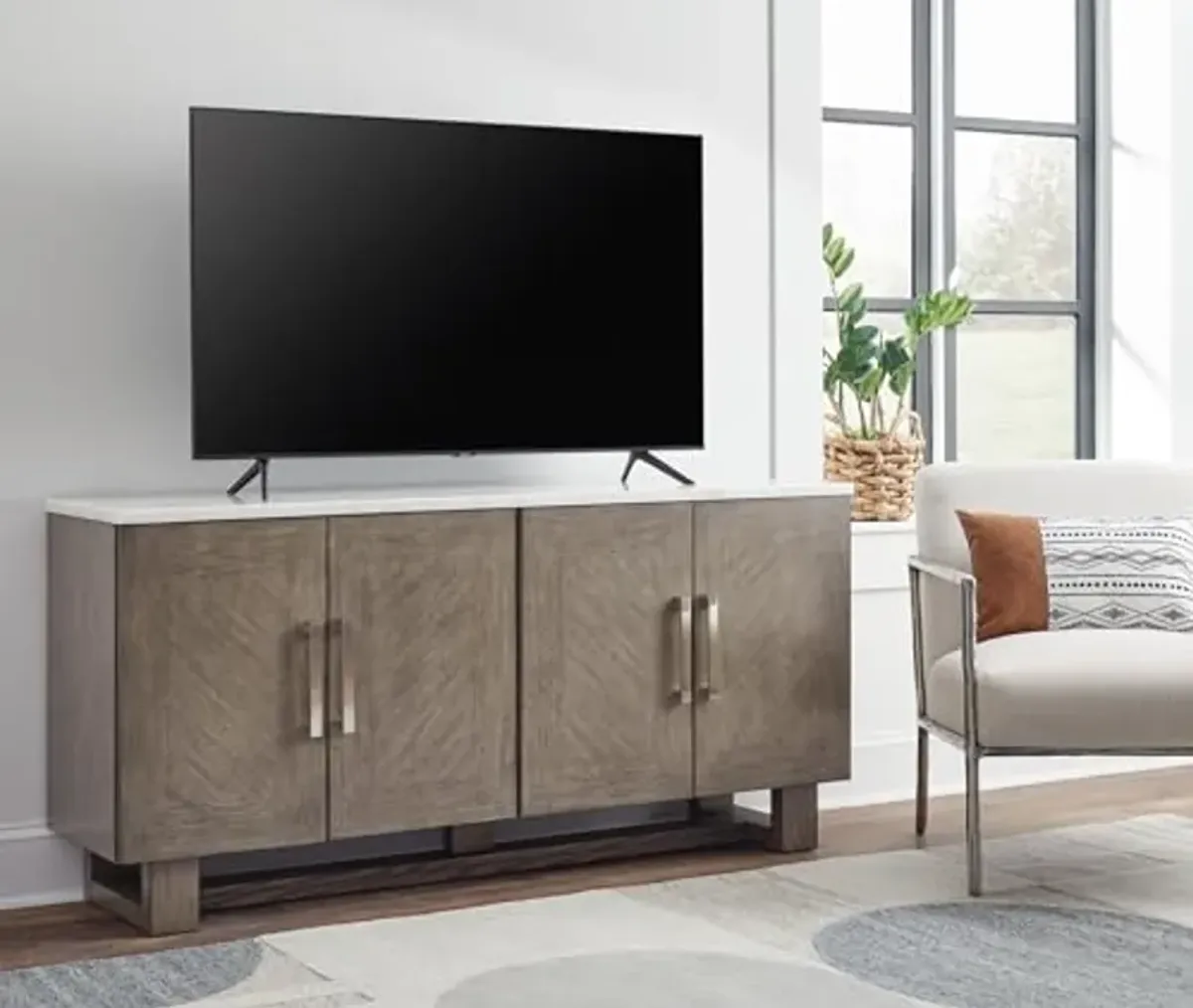 Signature Design by Ashley Loyaska Casual Chevron 68" TV Stand for TVs up to 78" with Marble Tabletop, Adjustable Shelves, Cabinets and Cord Openings, Light Brown & White