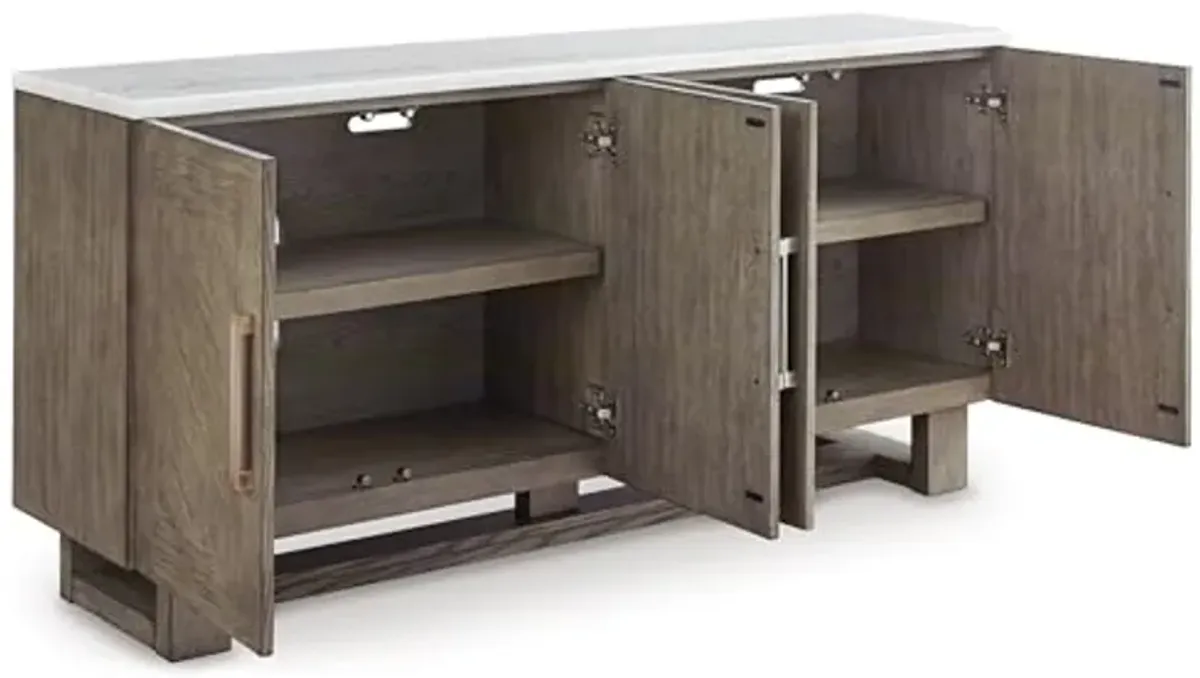 Signature Design by Ashley Loyaska Casual Chevron 68" TV Stand for TVs up to 78" with Marble Tabletop, Adjustable Shelves, Cabinets and Cord Openings, Light Brown & White