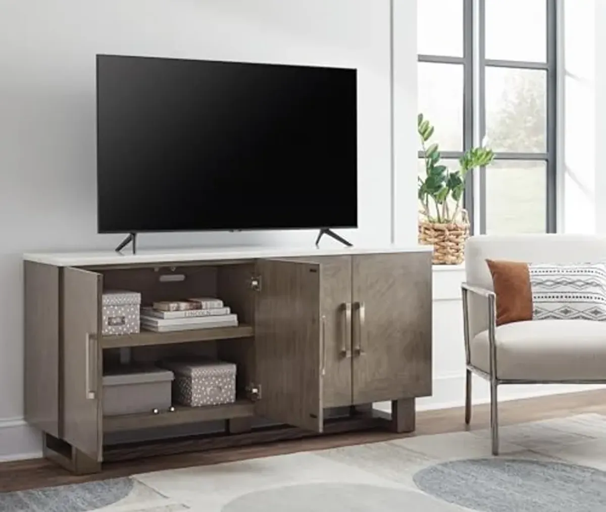 Signature Design by Ashley Loyaska Casual Chevron 68" TV Stand for TVs up to 78" with Marble Tabletop, Adjustable Shelves, Cabinets and Cord Openings, Light Brown & White