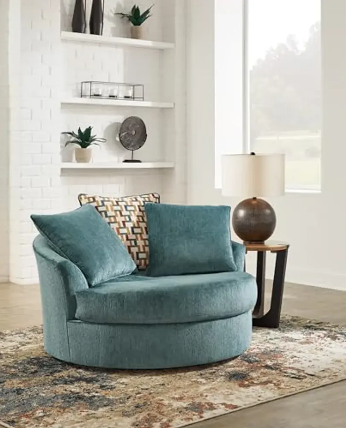 Signature Design by Ashley Laylabrook Scandinavian Upholstered Oversized Swivel Accent Chair with 3 Back Pillows, Green