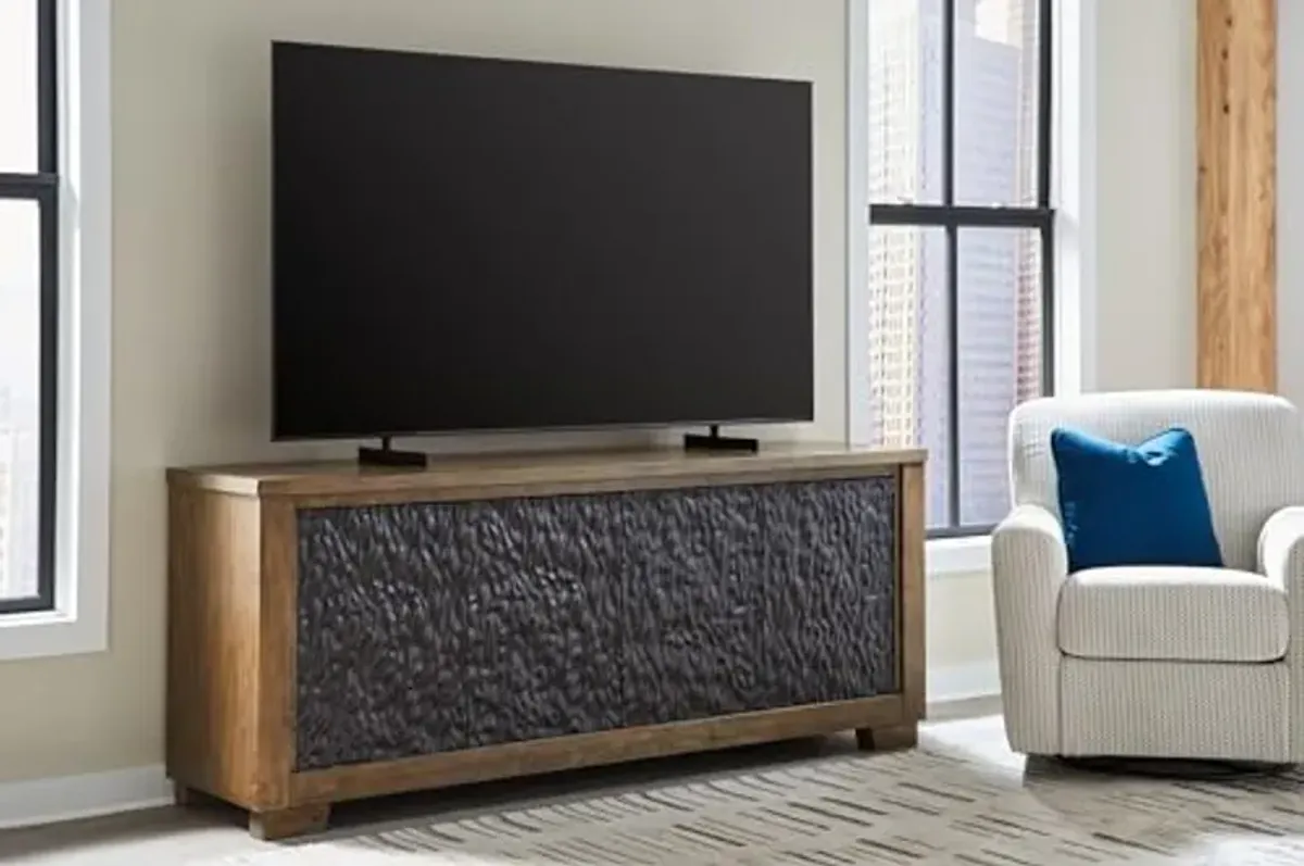 Signature Design by Ashley Rosswain Casual 80" TV Stand for TVs up to 92" with Adjustable Shelves, Cabinets and Cord Openings, Light Brown & Black