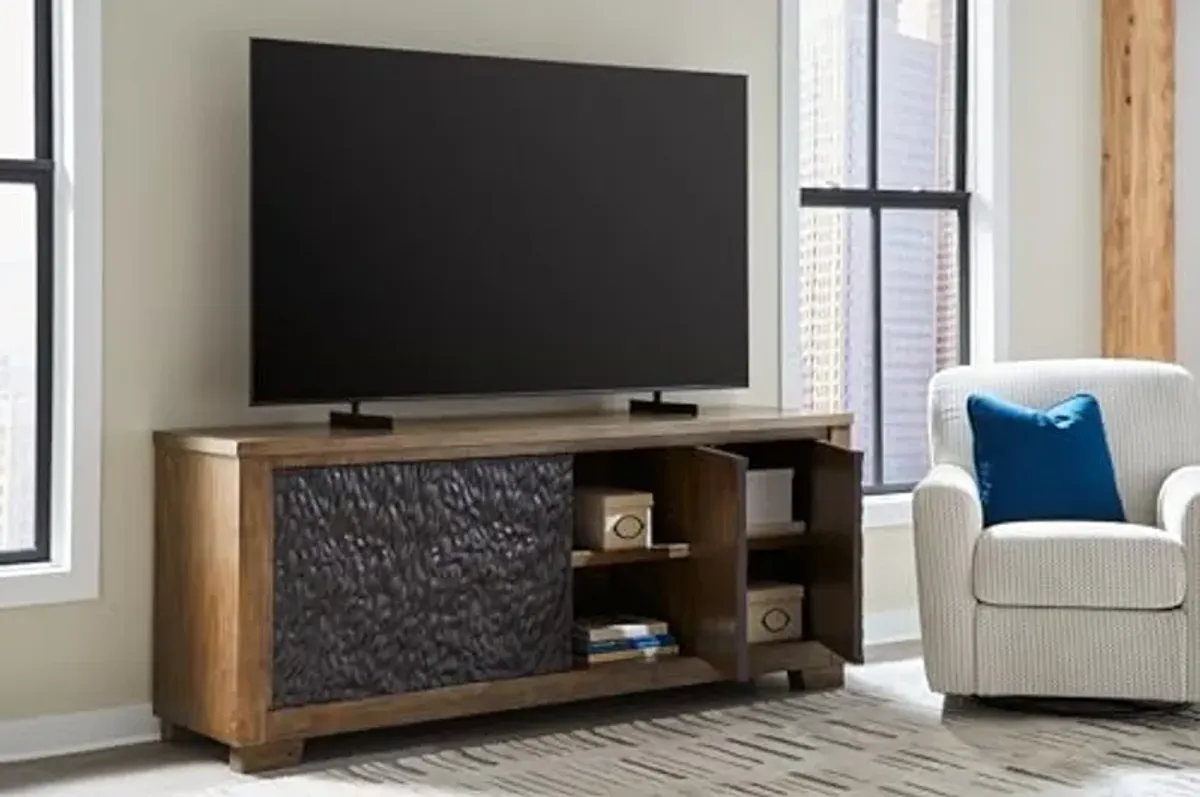 Signature Design by Ashley Rosswain Casual 80" TV Stand for TVs up to 92" with Adjustable Shelves, Cabinets and Cord Openings, Light Brown & Black