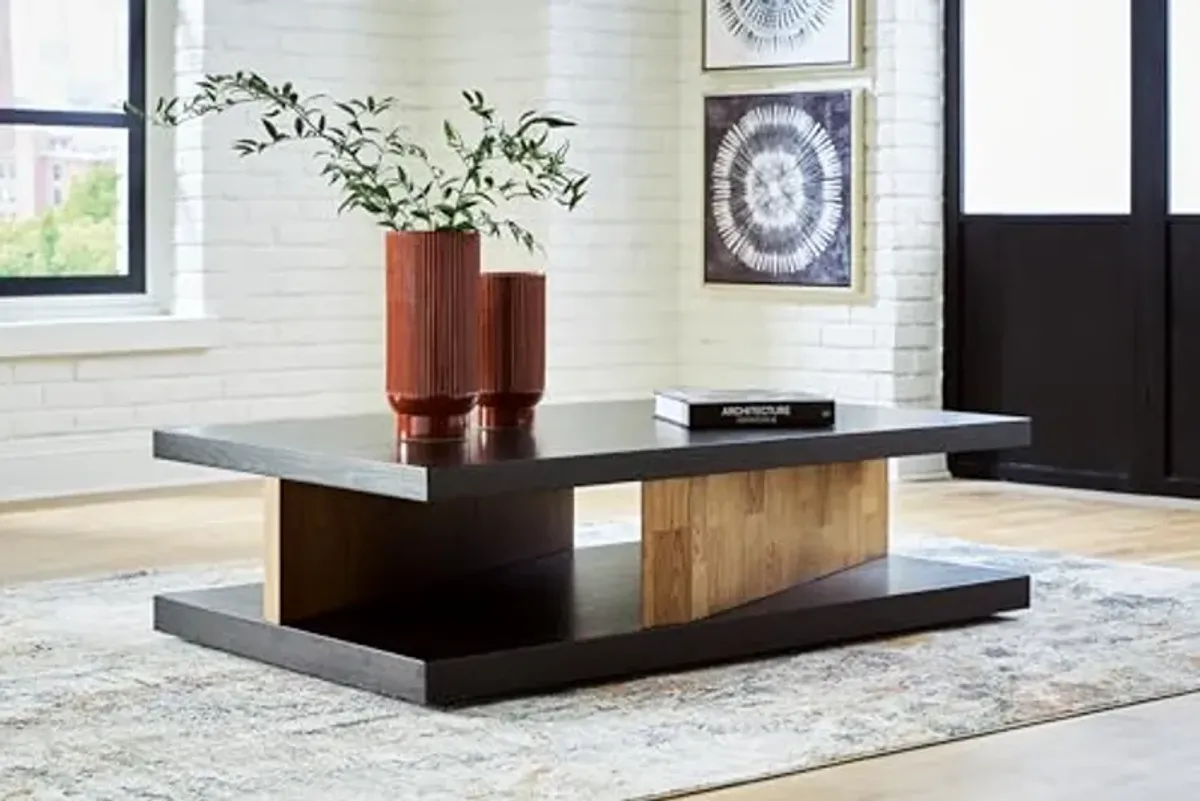 Signature Design by Ashley Kocomore Casual Cantilevered Tabletop Coffee Table with Lower Shelf and Casters, Dark Brown & Light Brown