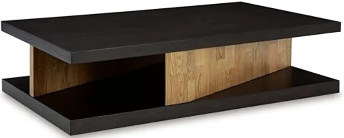 Signature Design by Ashley Kocomore Casual Cantilevered Tabletop Coffee Table with Lower Shelf and Casters, Dark Brown & Light Brown