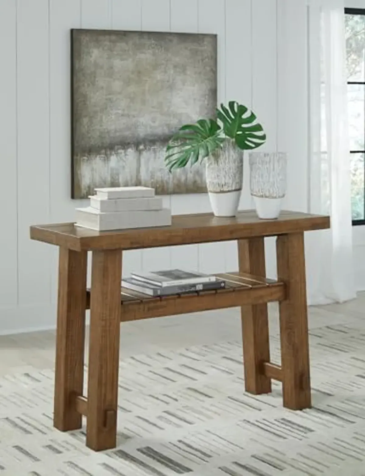 Signature Design by Ashley Mackifeld Farmhouse Distressed Sofa Table with Slatted Shelf, Post and Beam Construction, Light Brown