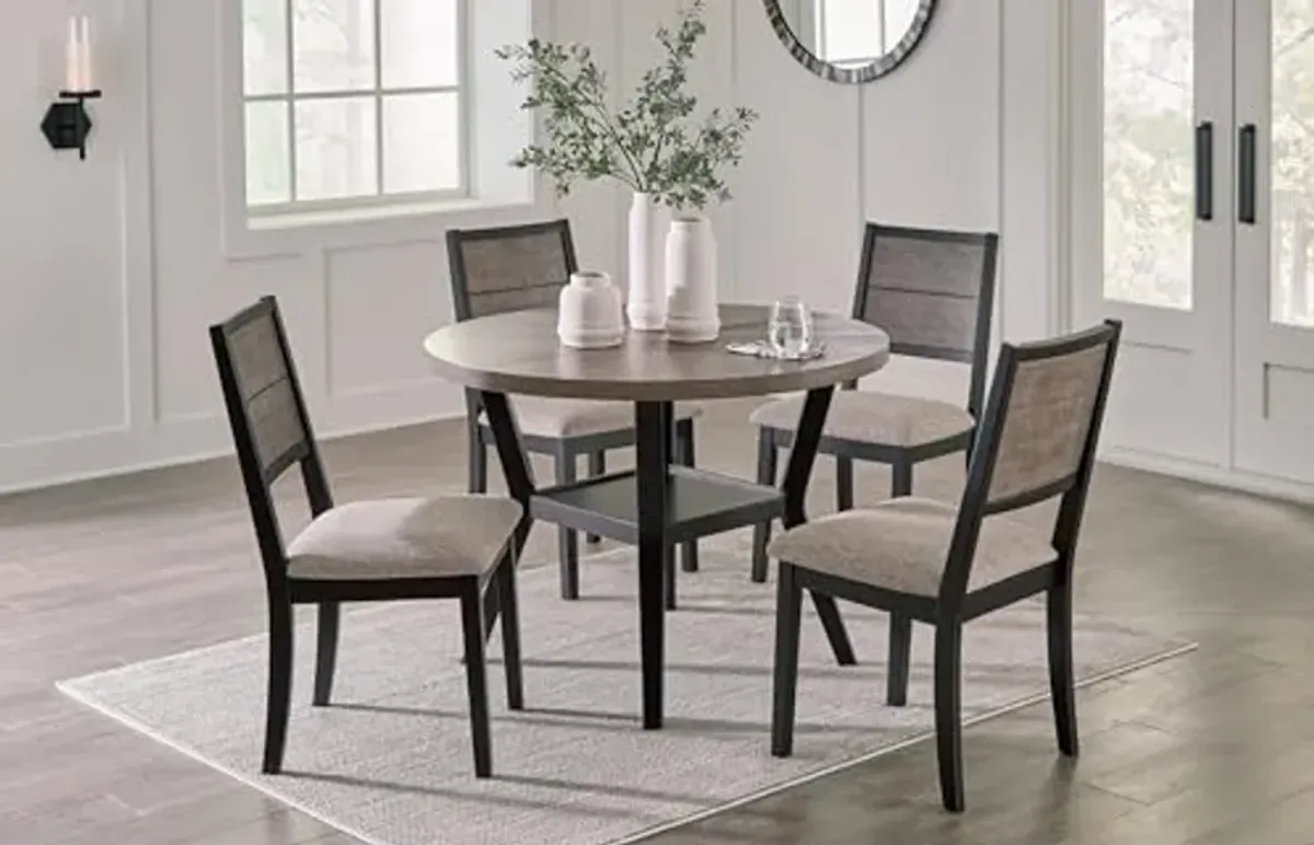 Signature Design by Ashley Corloda Casual Starburst Dining Table and 4 Upholstered Chairs with 1 Lower Shelf, Set of 5, Black & Light Gray