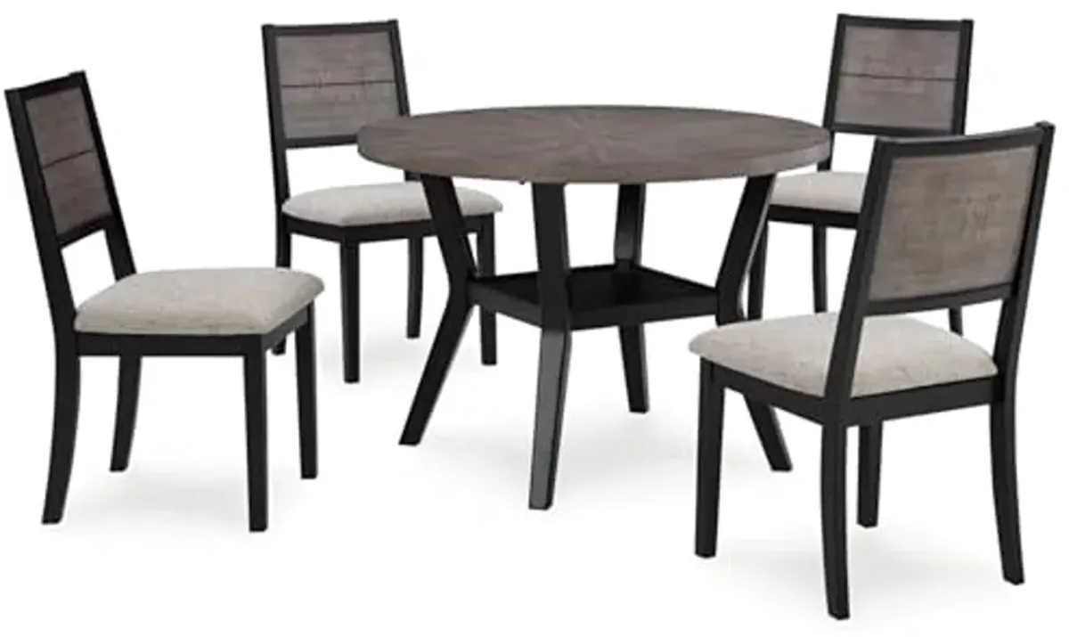 Signature Design by Ashley Corloda Casual Starburst Dining Table and 4 Upholstered Chairs with 1 Lower Shelf, Set of 5, Black & Light Gray