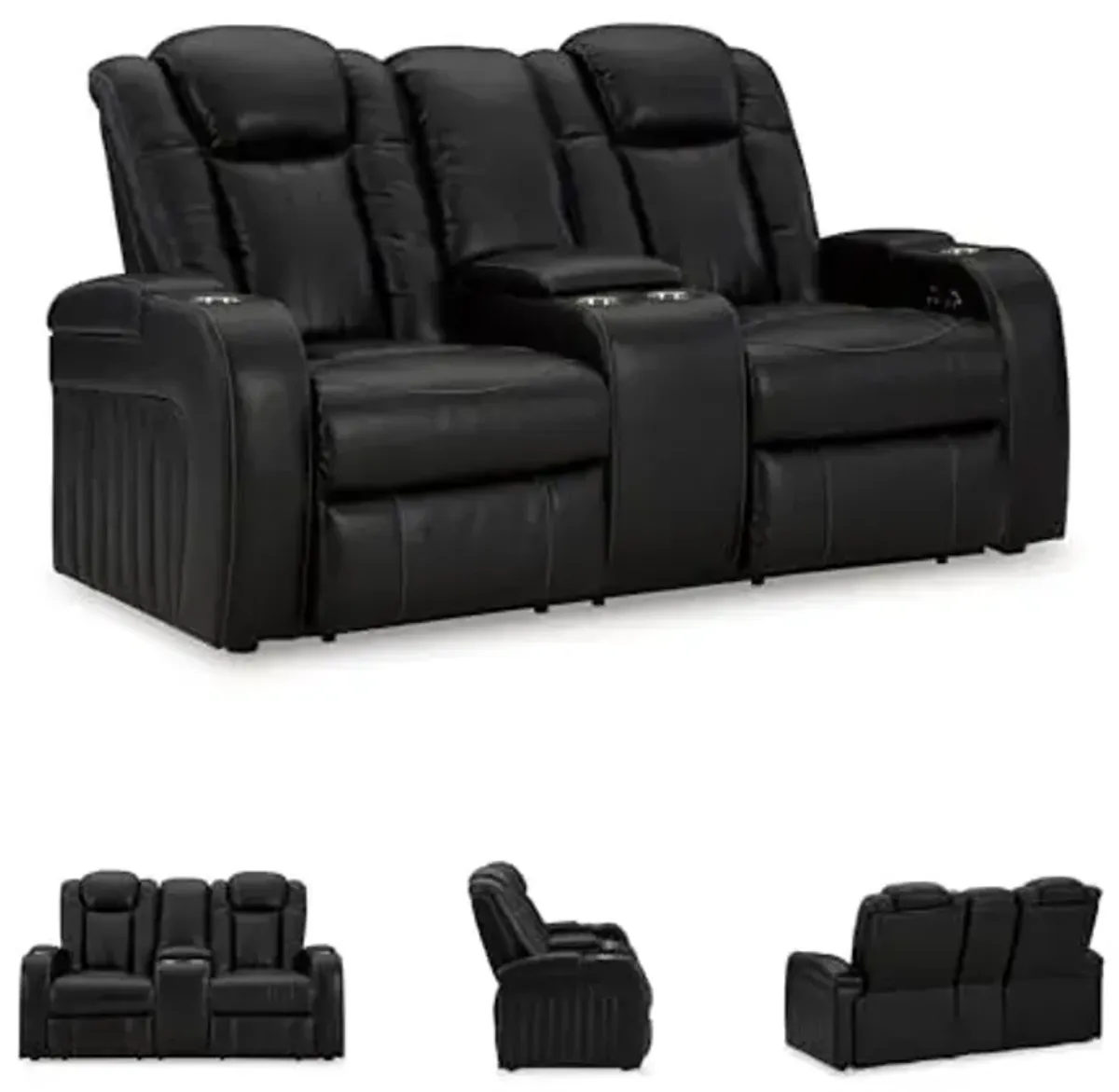 Signature Design by Ashley Caveman Den Modern Faux Leather Power Reclining Loveseat with Console, Adjustable Headrest and LED Lights, Black