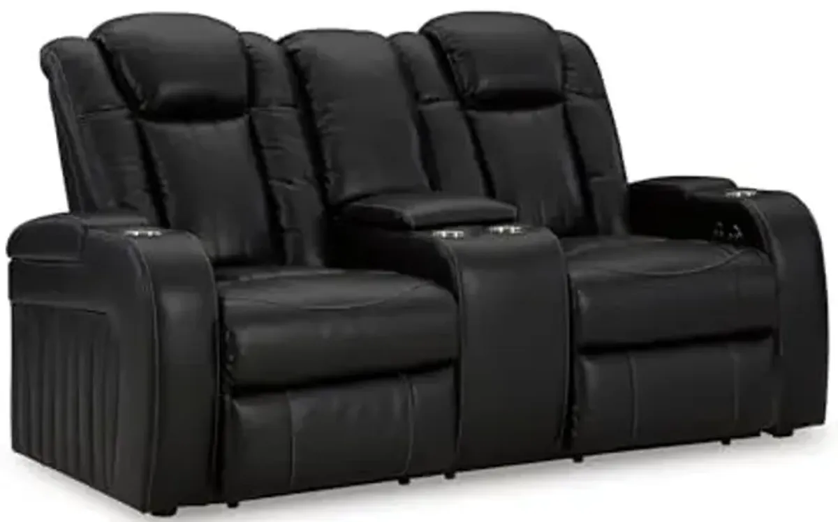 Signature Design by Ashley Caveman Den Modern Faux Leather Power Reclining Loveseat with Console, Adjustable Headrest and LED Lights, Black