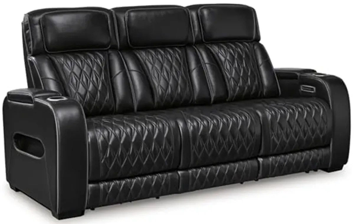 Signature Design by Ashley Boyington Contemporary Leather Match Power Reclining Sofa with Adjustable Headrest, Cup Holder, USB Charging Ports, Air Massage System and LED Lighting, Black