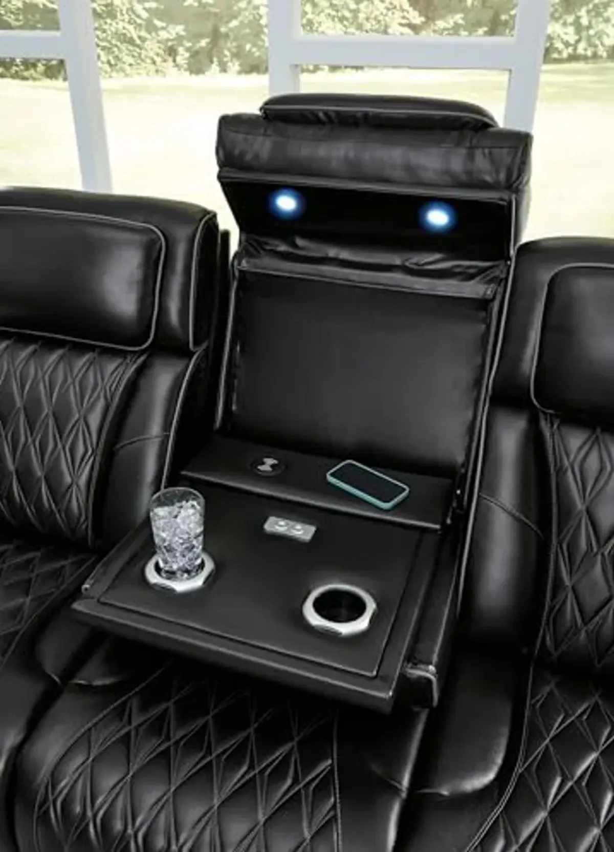 Signature Design by Ashley Boyington Contemporary Leather Match Power Reclining Sofa with Adjustable Headrest, Cup Holder, USB Charging Ports, Air Massage System and LED Lighting, Black