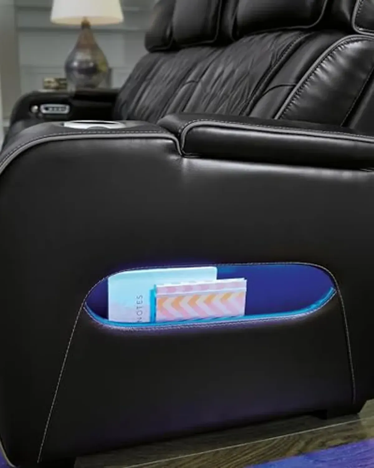 Signature Design by Ashley Boyington Contemporary Leather Match Power Reclining Sofa with Adjustable Headrest, Cup Holder, USB Charging Ports, Air Massage System and LED Lighting, Black