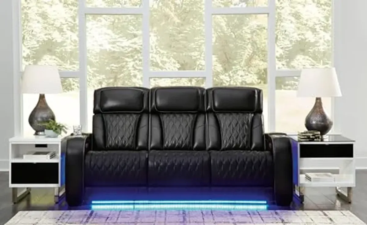 Signature Design by Ashley Boyington Contemporary Leather Match Power Reclining Sofa with Adjustable Headrest, Cup Holder, USB Charging Ports, Air Massage System and LED Lighting, Black