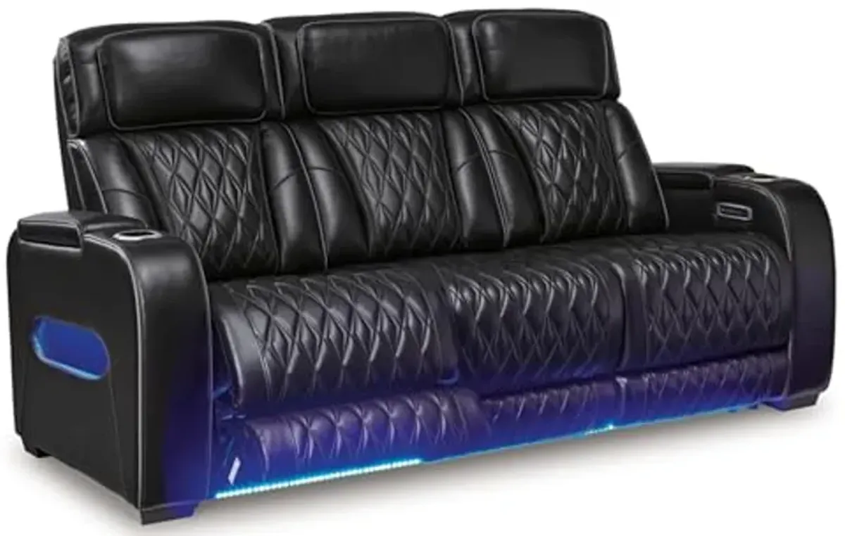 Signature Design by Ashley Boyington Contemporary Leather Match Power Reclining Sofa with Adjustable Headrest, Cup Holder, USB Charging Ports, Air Massage System and LED Lighting, Black