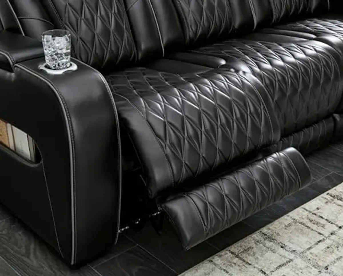 Signature Design by Ashley Boyington Contemporary Leather Match Power Reclining Sofa with Adjustable Headrest, Cup Holder, USB Charging Ports, Air Massage System and LED Lighting, Black