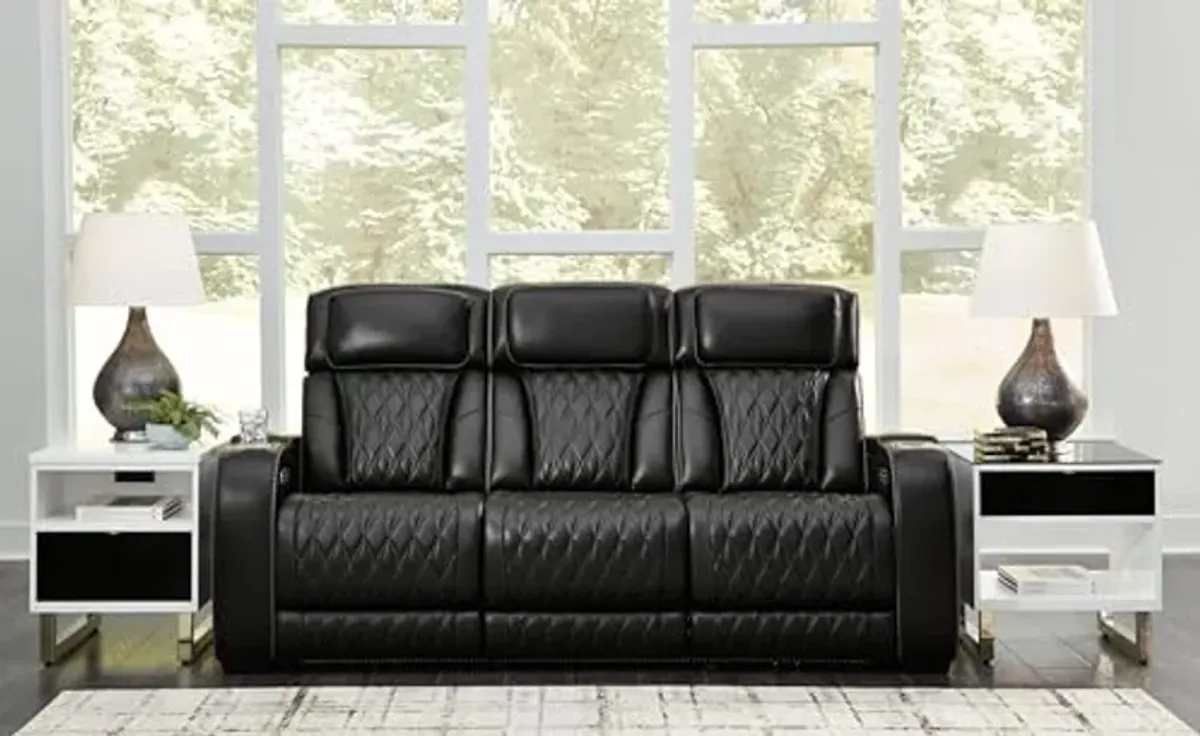 Signature Design by Ashley Boyington Contemporary Leather Match Power Reclining Sofa with Adjustable Headrest, Cup Holder, USB Charging Ports, Air Massage System and LED Lighting, Black