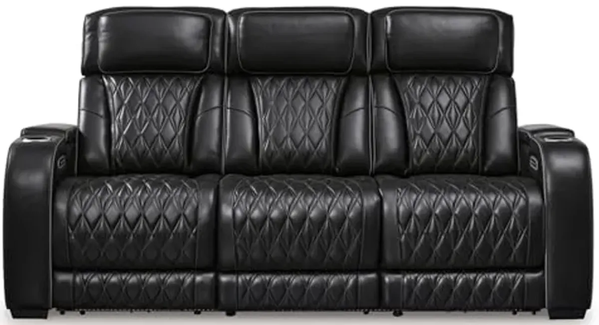 Signature Design by Ashley Boyington Contemporary Leather Match Power Reclining Sofa with Adjustable Headrest, Cup Holder, USB Charging Ports, Air Massage System and LED Lighting, Black