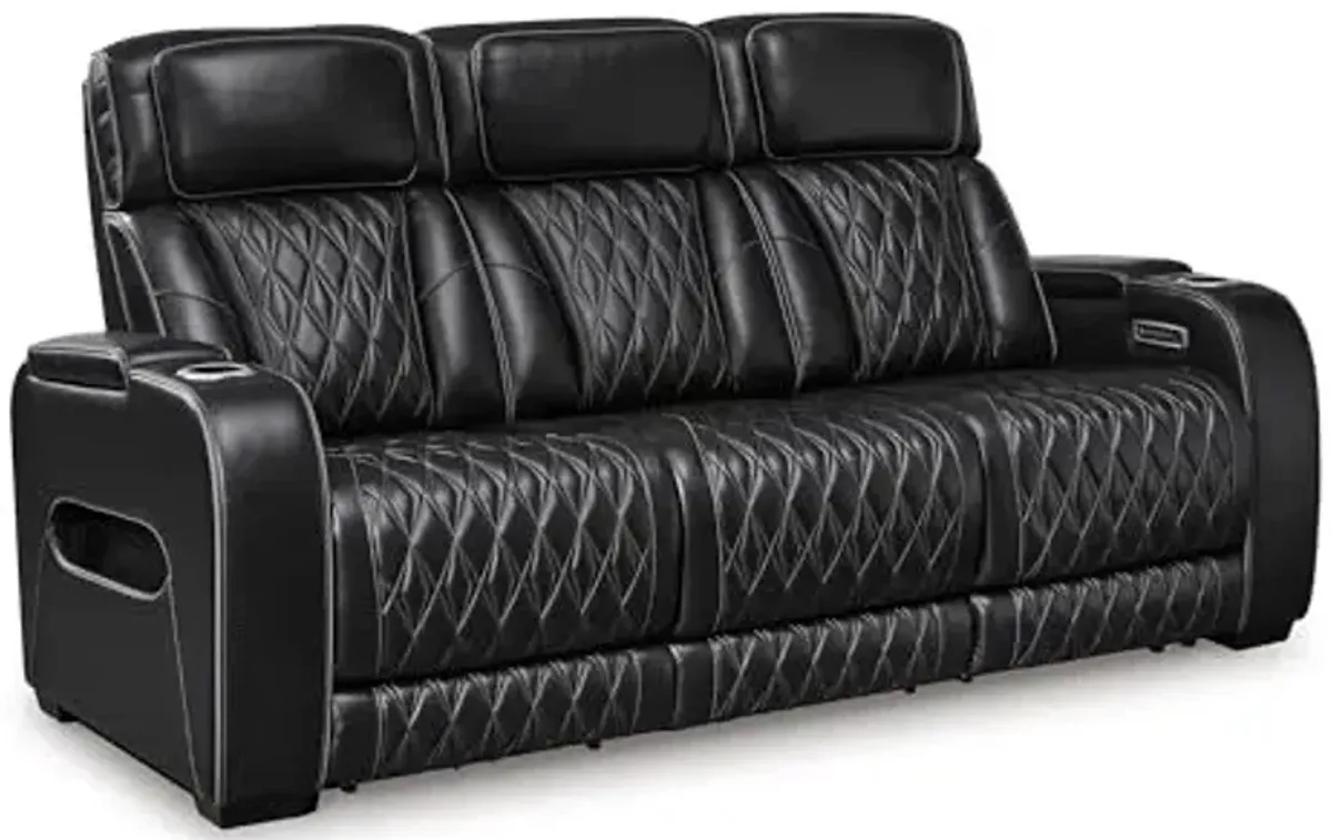 Signature Design by Ashley Boyington Contemporary Leather Match Power Reclining Sofa with Adjustable Headrest, Cup Holder, USB Charging Ports, Air Massage System and LED Lighting, Black