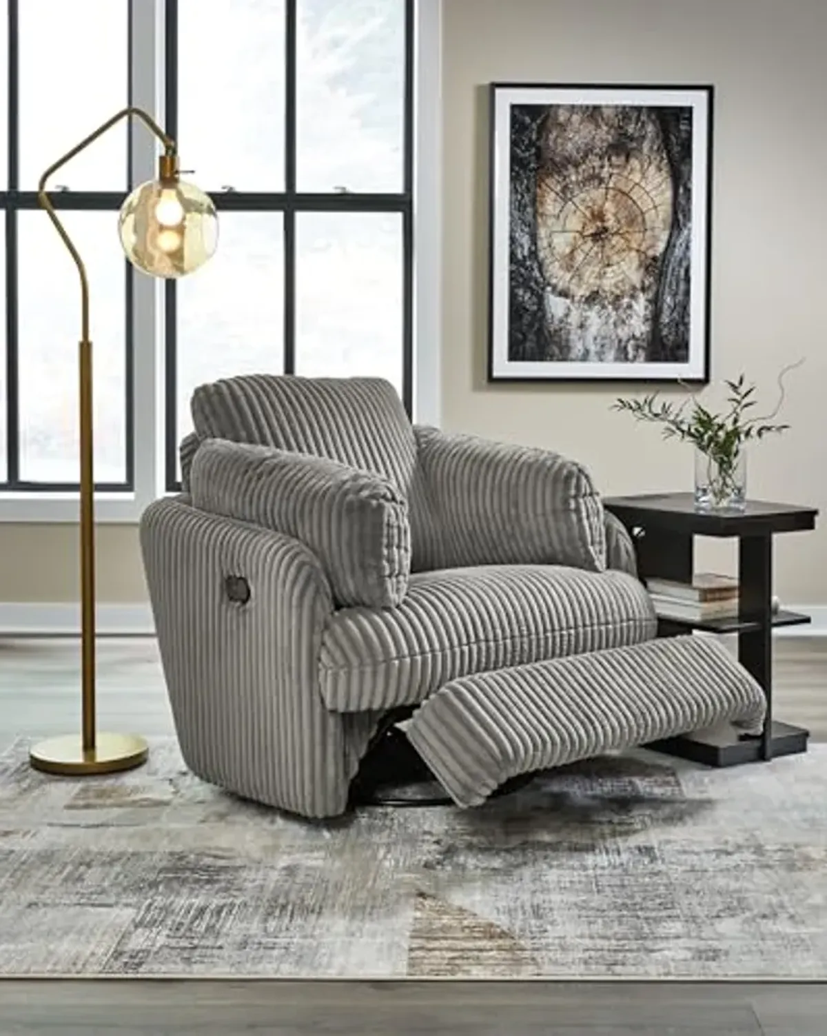 Signature Design by Ashley Tie-Breaker Casual Manual Press-Back Swivel Glider Rocker Recliner with 2 Bolster Pillows and Hidden Storage, Light Gray