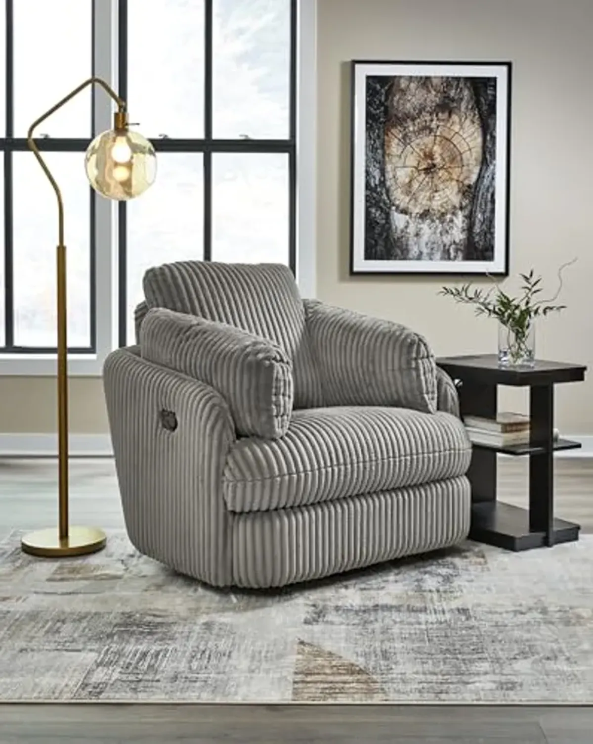 Signature Design by Ashley Tie-Breaker Casual Manual Press-Back Swivel Glider Rocker Recliner with 2 Bolster Pillows and Hidden Storage, Light Gray