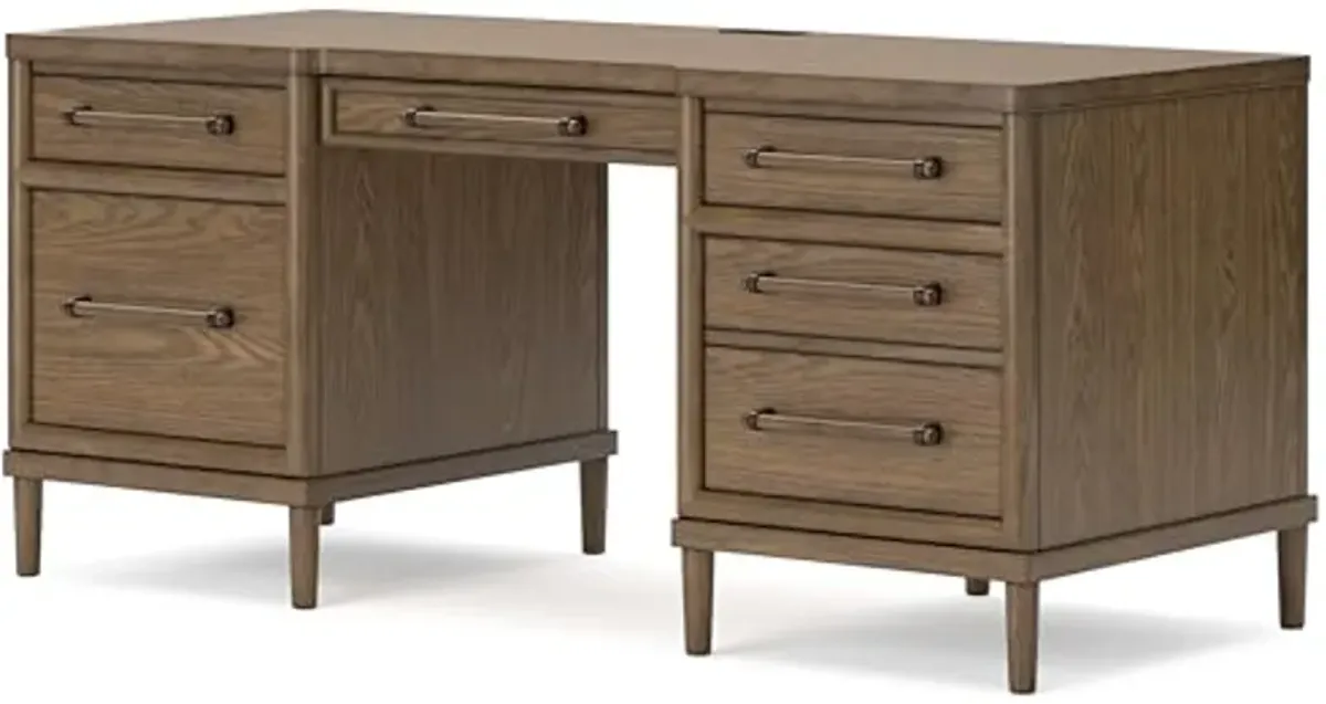 Signature Design by Ashley Roanhowe Contemporary 68" Home Office Desk with 6 Felt-Lined Drawers, USB Charging Ports and Cord Management, Dark Brown