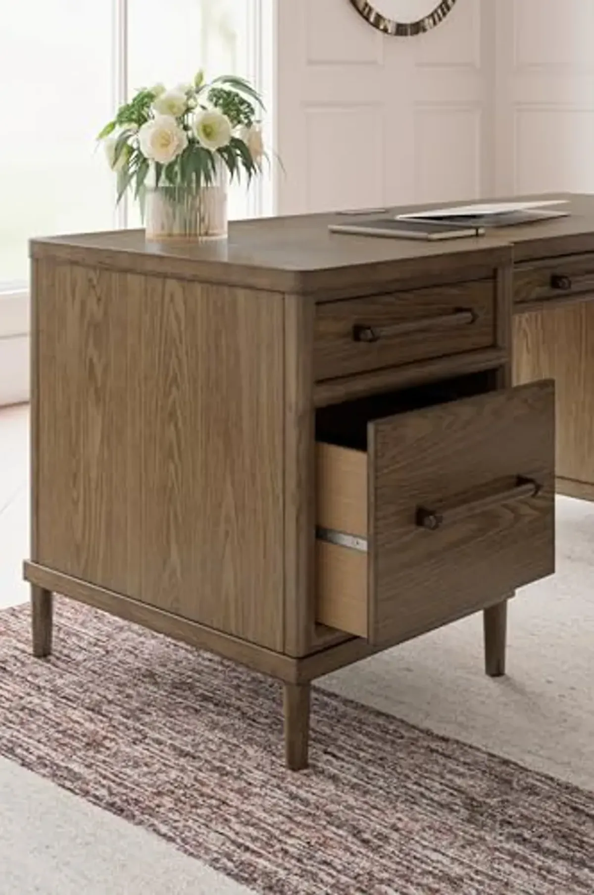 Signature Design by Ashley Roanhowe Contemporary 68" Home Office Desk with 6 Felt-Lined Drawers, USB Charging Ports and Cord Management, Dark Brown