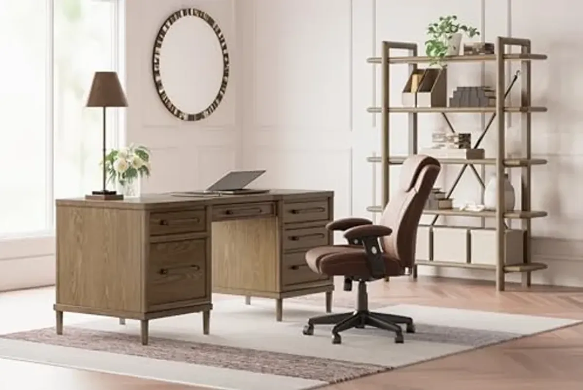 Signature Design by Ashley Roanhowe Contemporary 68" Home Office Desk with 6 Felt-Lined Drawers, USB Charging Ports and Cord Management, Dark Brown