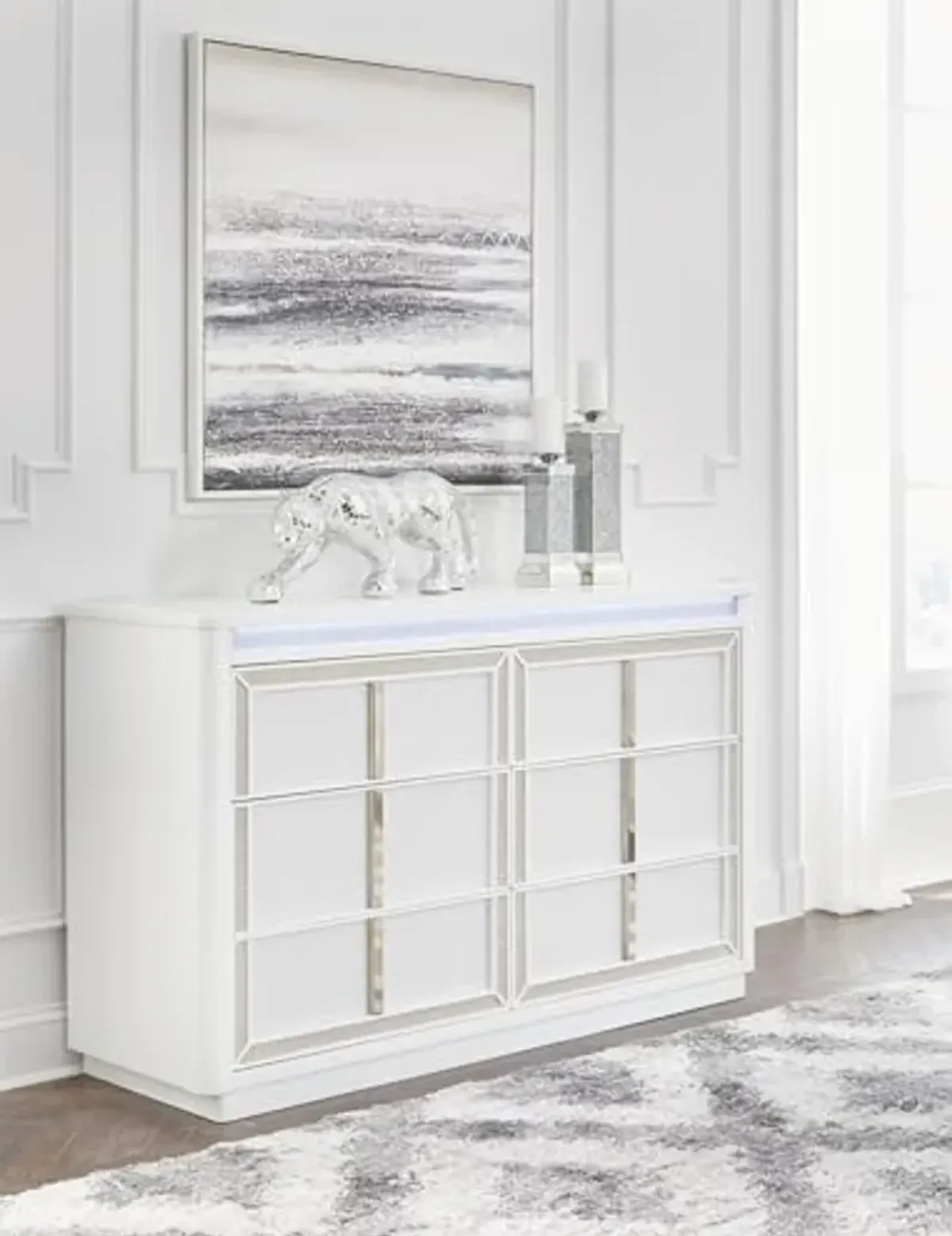 Signature Design by Ashley Chalanna Contemporary 6-Drawer Dresser with LED Lighting, Felt-Lined Top Drawer and Safety Stop, White