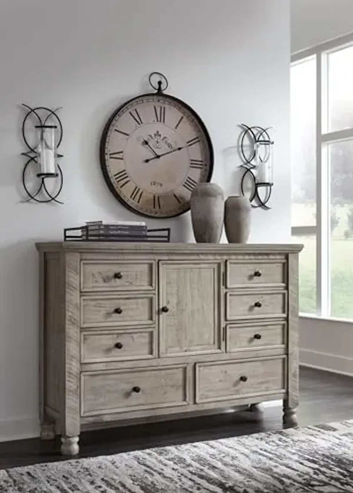 Signature Design by Ashley Harrastone Vintage 8 Drawer Dresser with Cabinet, Adjustable Shelf, Felt-Lined Top Drawer and Safety Stop for Bedroom, Light Gray
