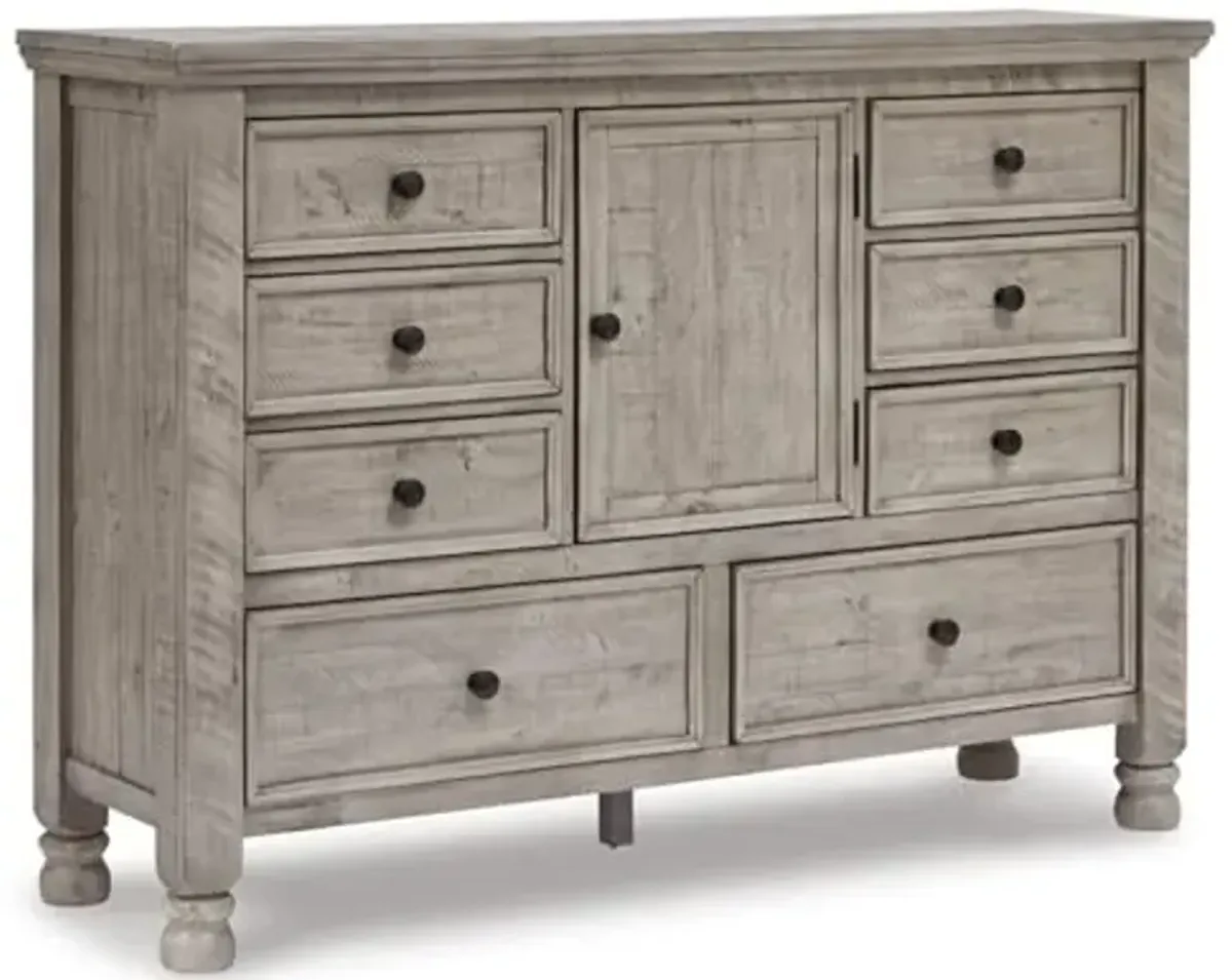 Signature Design by Ashley Harrastone Vintage 8 Drawer Dresser with Cabinet, Adjustable Shelf, Felt-Lined Top Drawer and Safety Stop for Bedroom, Light Gray
