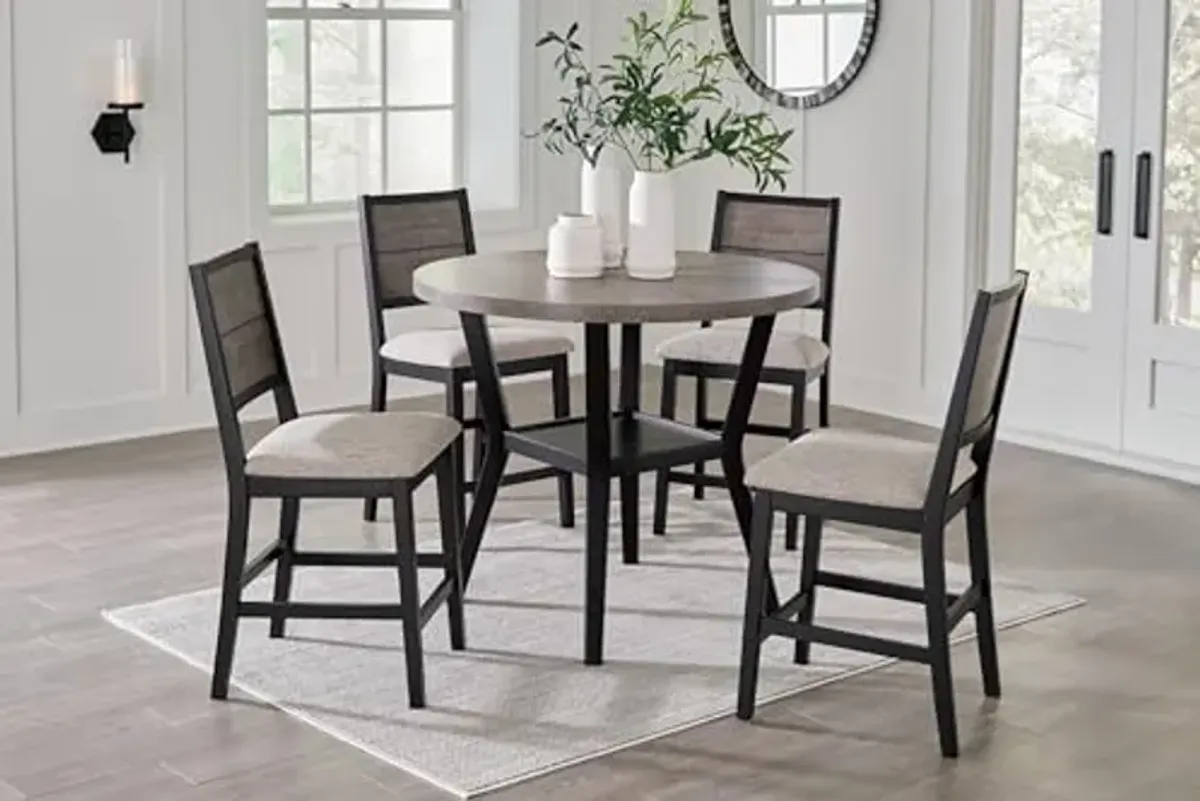 Signature Design by Ashley Corloda Casual Starburst Counter Height Dining Table and 4 Upholstered Bar Stools with 1 Lower Shelf, Set of 5, Black & Light Gray