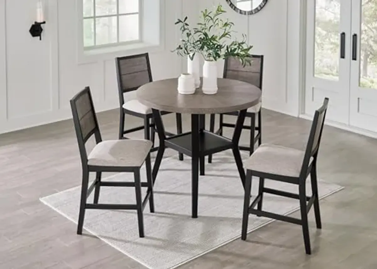 Signature Design by Ashley Corloda Casual Starburst Counter Height Dining Table and 4 Upholstered Bar Stools with 1 Lower Shelf, Set of 5, Black & Light Gray