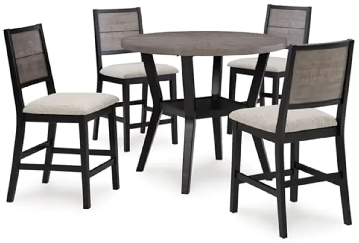 Signature Design by Ashley Corloda Casual Starburst Counter Height Dining Table and 4 Upholstered Bar Stools with 1 Lower Shelf, Set of 5, Black & Light Gray