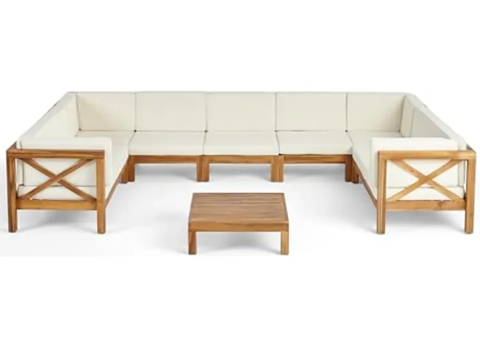 Christopher Knight Home Brava Outdoor Acacia Wood L-Shape 9 Seater Sectional Patio Sofa Furniture Conversation Sets with Cushions and Coffee Table, 28 "W x 30.25 "D x 26.5 "H, Teak + Beige