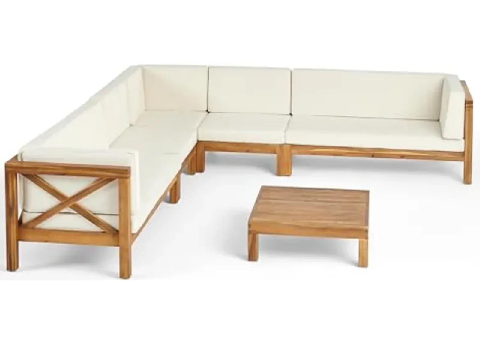 Christopher Knight Home Brava Outdoor Acacia Wood L-Shape 7 Seater Sectional Patio Sofa Furniture Conversation Sets with Cushions and Coffee Table, 28 "W x 30.25 "D x 26.5 "H, Teak + Beige