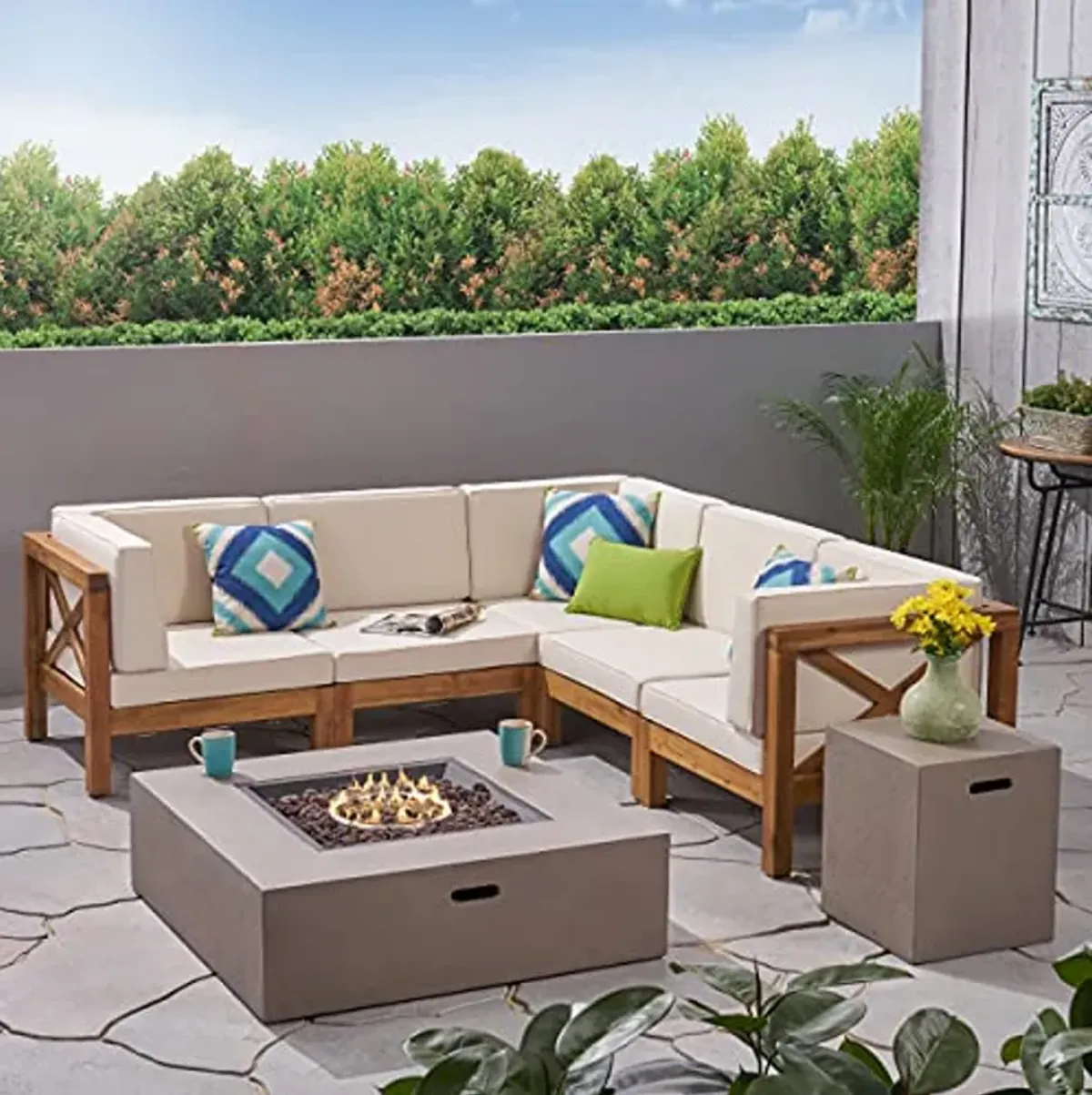 Christopher Knight Home Brava Outdoor Acacia Wood 5 Seater Sectional Patio Sofa Furniture Conversation Sets with Fire Pit and Cushions, 28 "W x 30.25 "D x 26.5 "H, Teak + Beige