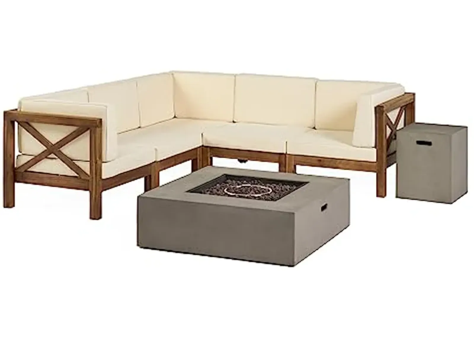 Christopher Knight Home Brava Outdoor Acacia Wood 5 Seater Sectional Patio Sofa Furniture Conversation Sets with Fire Pit and Cushions, 28 "W x 30.25 "D x 26.5 "H, Teak + Beige