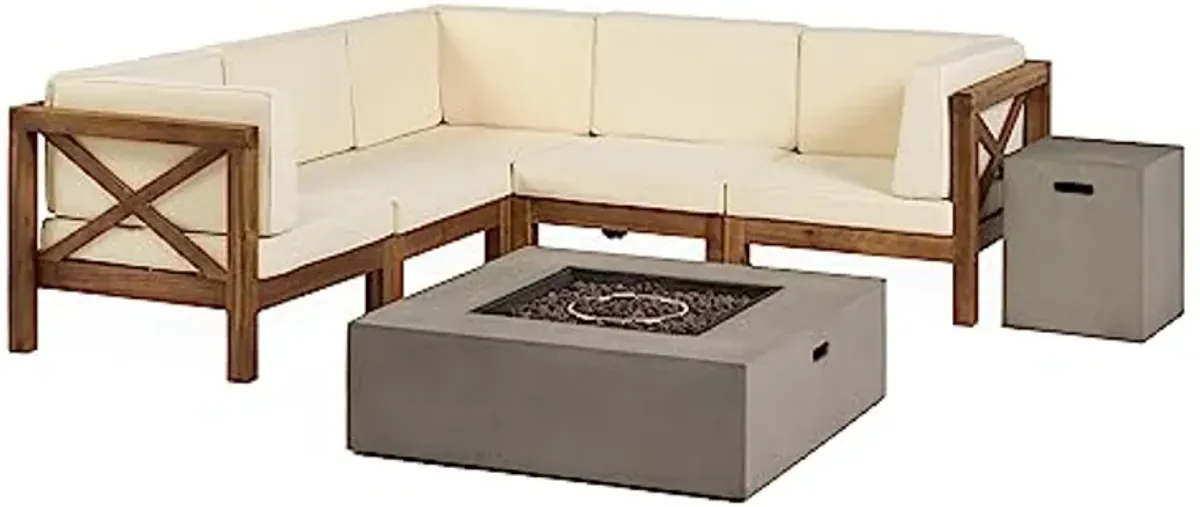 Christopher Knight Home Brava Outdoor Acacia Wood 5 Seater Sectional Patio Sofa Furniture Conversation Sets with Fire Pit and Cushions, 28 "W x 30.25 "D x 26.5 "H, Teak + Beige