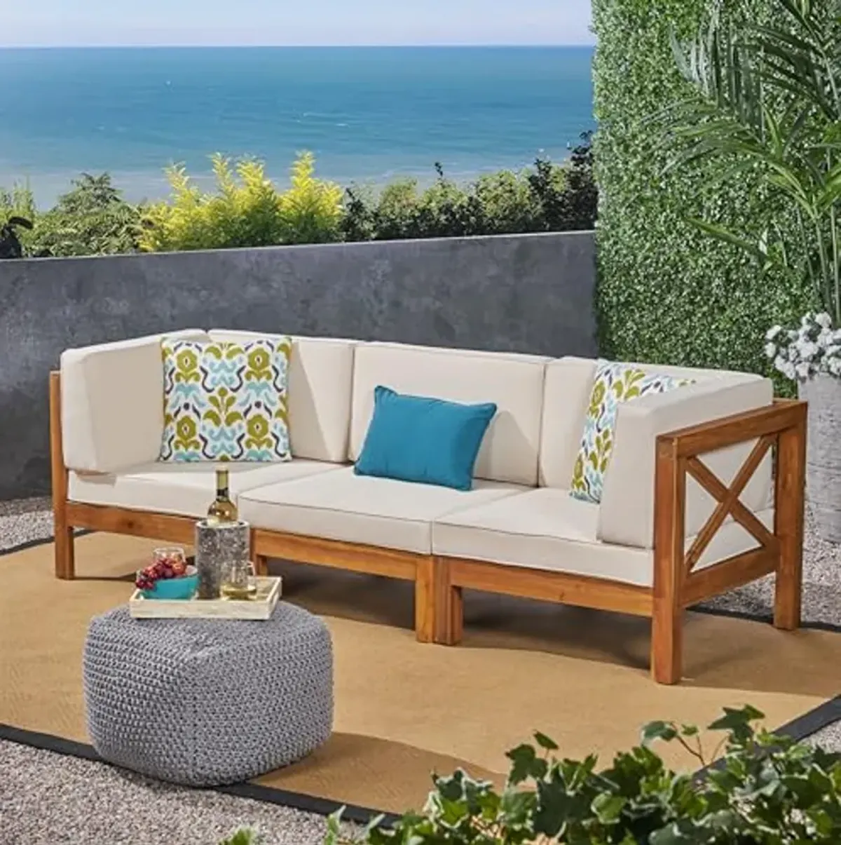 Christopher Knight Home Brava Outdoor Acacia Wood 3 Seater Sectional Patio Sofa Furniture Conversation Sets with Cushions, 30.25 "W x 30.25 "D x 26.5 "H, Teak + Beige