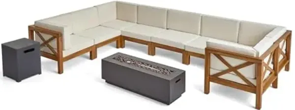 Christopher Knight Home Outdoor Farmhouse Acacia Wood 8 Seater U-Shaped Sectional Sofa Set with Fire Pit, Teak, Beige, and Dark Gray