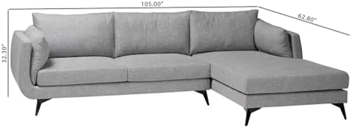 Baxton Studio Leni Twill Fabric Sectional Sofa, 3-Seater, Grey